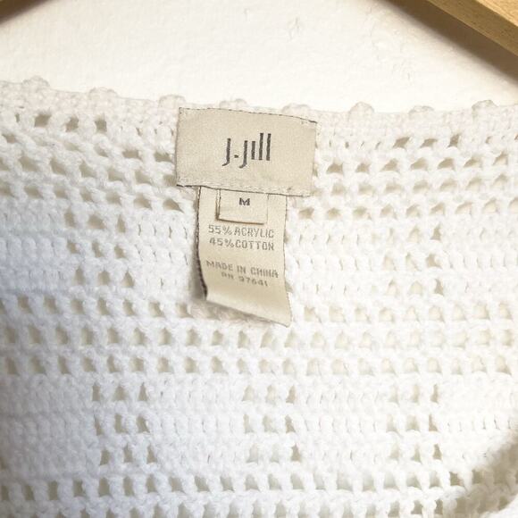 Crochet Knit Short Sleeve Cardigan J.Jill Cottage Button Medium Ivory Boho - Picture 2 of 6